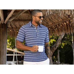 Criquet Blue Geometric Short Sleeve Polo Collared Shirt Men's Size Small